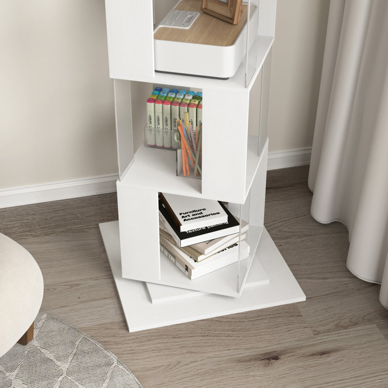 Bibliothèque sur pied rotative à 6 niveaux, Blanc, (5 tablettes) H 63 po x l 19,7 po x P 19,7 po