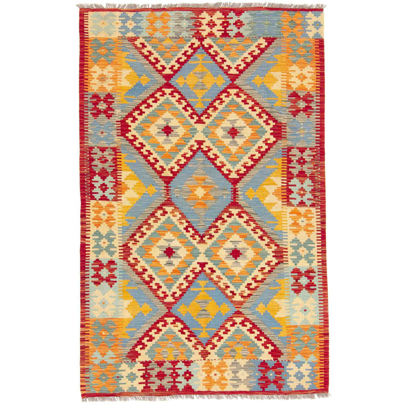 Rectangle 122 cm x 192 cm Geometric Wool Hand Woven Kilim