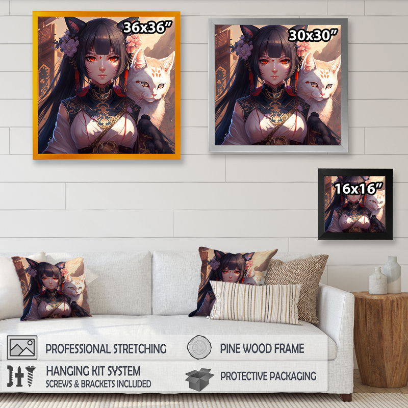 Femme d'anime avec un chat blanc - reproduction sur toile, L 16 po x H 16 po, Impression dorée sur toile encadrée