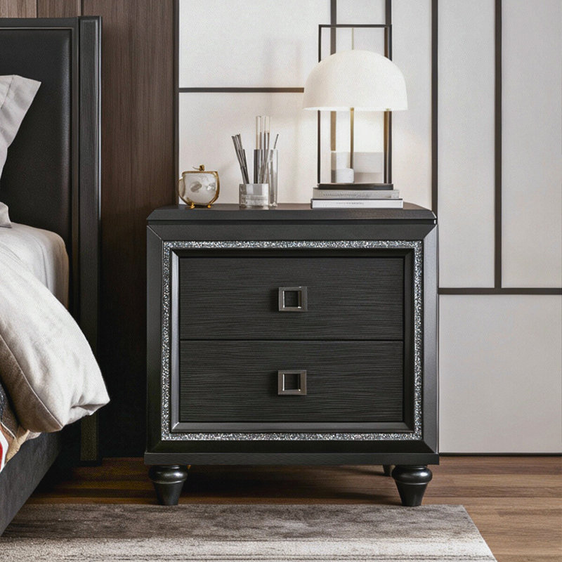 The Grayson 27'' W Nightstand with Dual USB Charging Station, Stylish Turned Feet, and Dazzling Crystal Trim