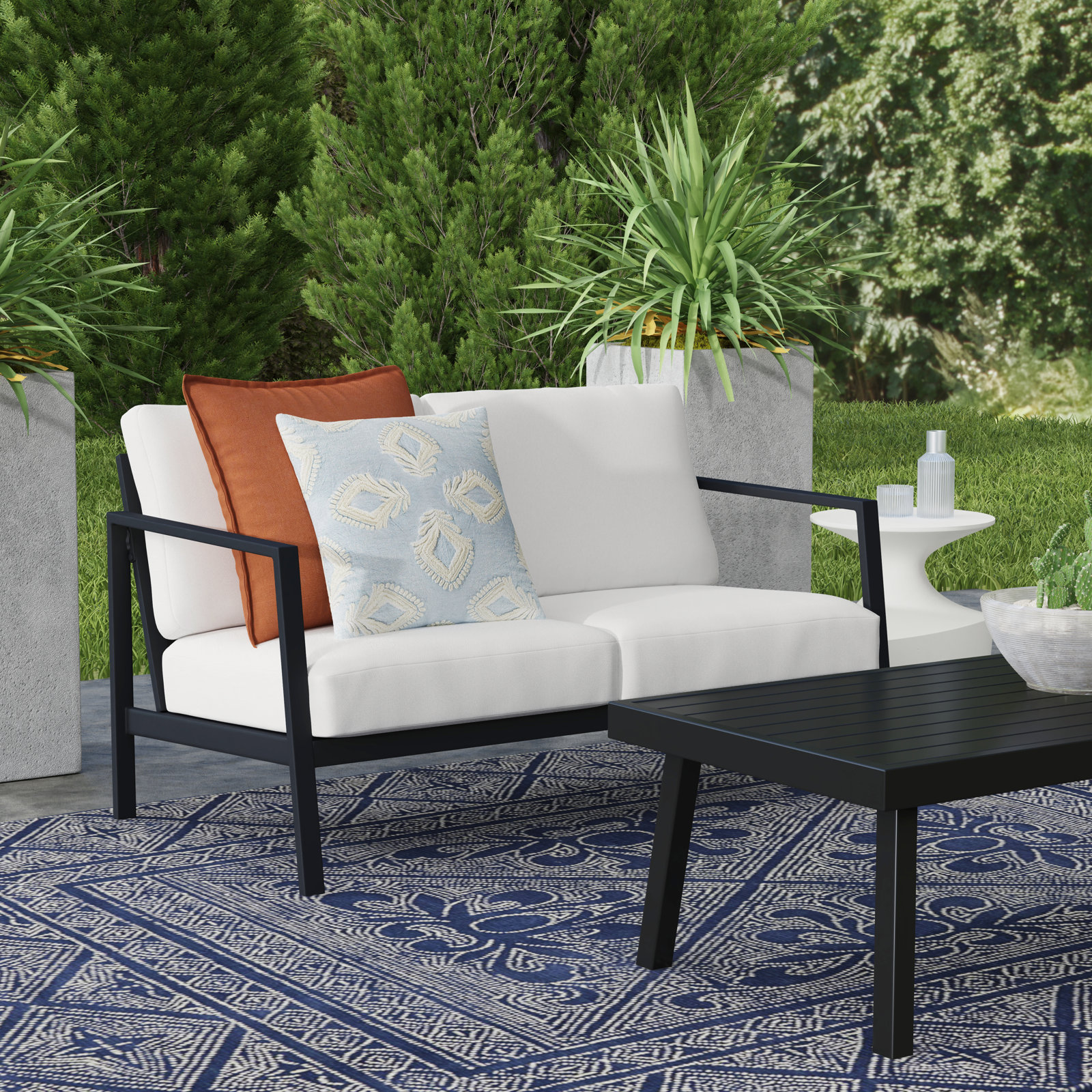 Armando 51" Sunbrella® Patio Loveseat, White Sunbrella®, Black