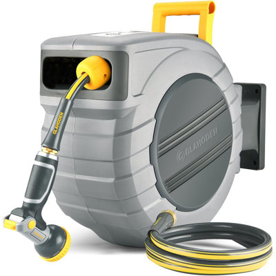 2025 Upgraded Retractable Garden Hose Reel - 1/2" X 130FT, Dual Ratchet Lock, UV/Freeze Protection, 180° Swivel, Brass Seal, Reinforced Wall Mount