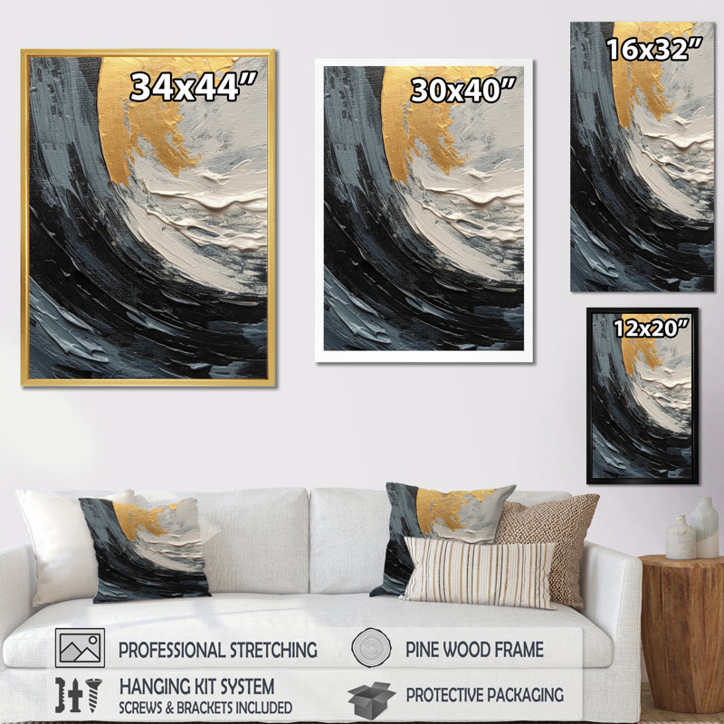 «Gold and Black Vibrant Spirals», reproduction sur toile, 32" H x 16" W, Cadre flottant doré
