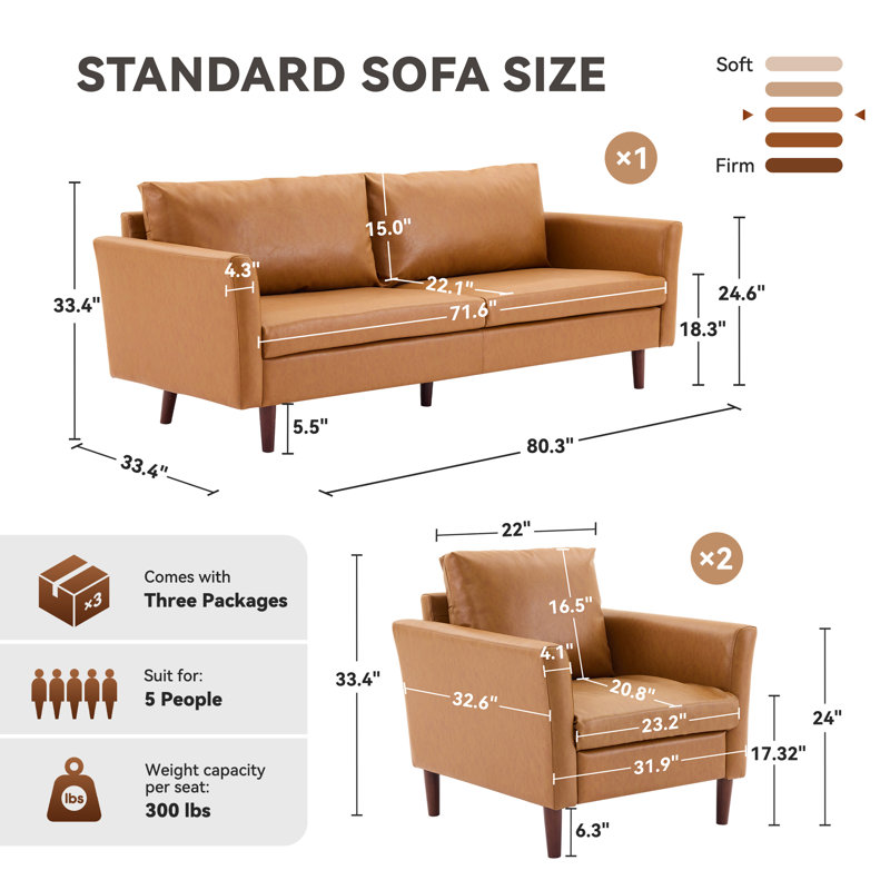Bobur 3 - Piece Living Room Set, Mid Brown