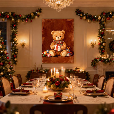 Ours en peluche de Noël tenant un cadeau avec des décorations de Noël, ensemble de 3 impressions sur toile