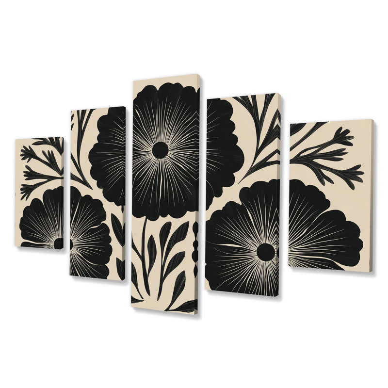 Bleuet Meadows dans des tons de noir et de beige - bleuet, art mural, impression sur toile à motif floral noir 5 panneaux