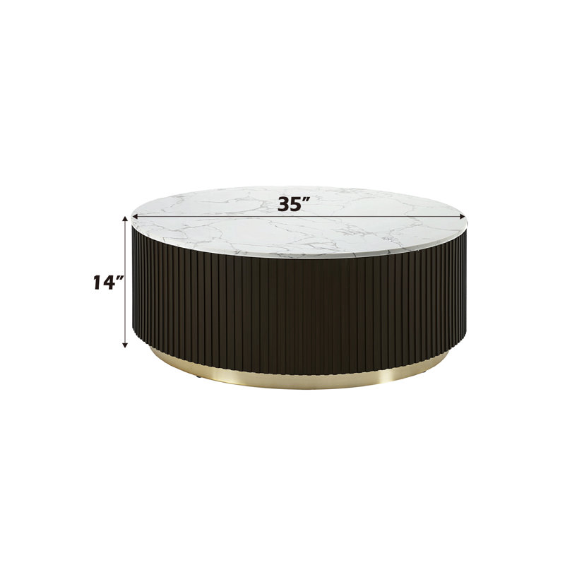 Clayten Round White Marble and Espresso Wood Coffee Table