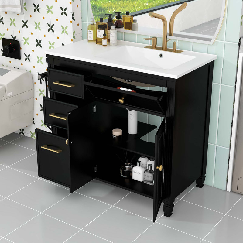 Meuble-lavabo de salle de bain avec lavabo en céramique, tiroir et tablette réglable, Noir