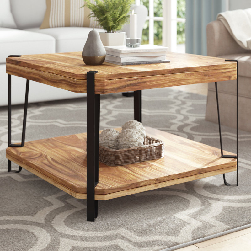 Table basse carrée en bois massif et en métal de style industriel et campagne moderne 28 po avec rangement Tindal