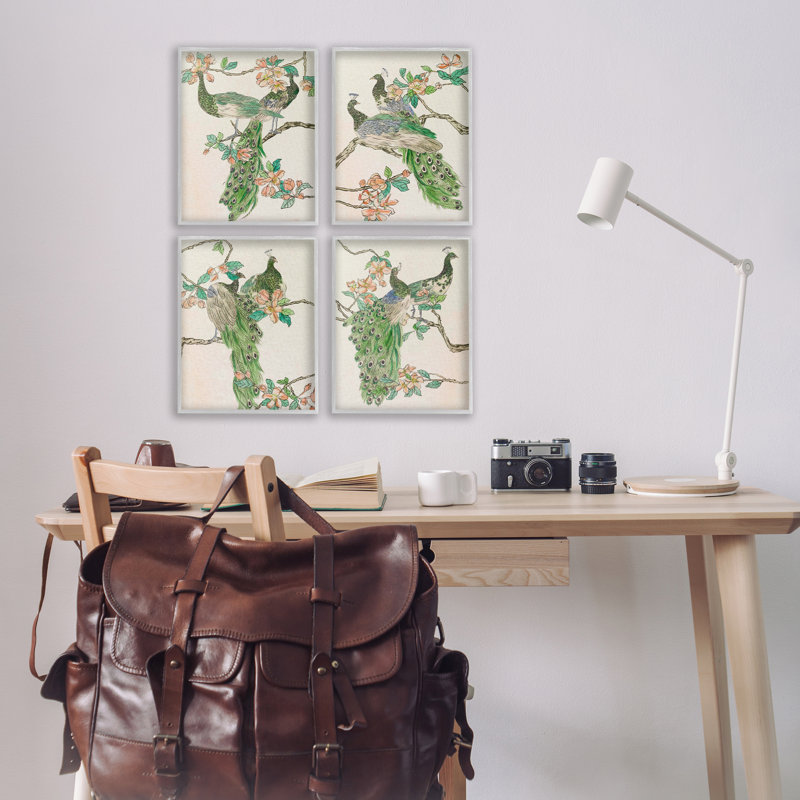  «Traditional Peacocks on Branches», ensemble de 4 giclées par Melissa Wang, Estampe numérique Farmhouse, H 14 po x l 11 po