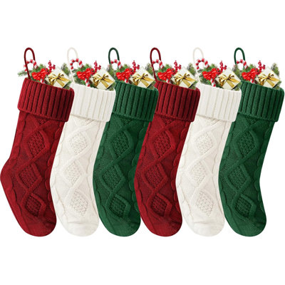 6 Pack 18 Inch Knitted Christmas Stockings, Cable Knit Xmas Hanging Stocking, Red White Green Large Christmas Socks with Loop for Fireplace, Home Holiday Party Decorations