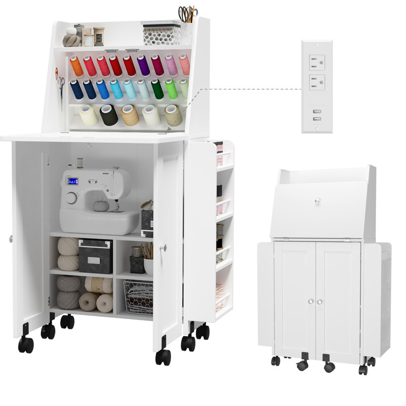 2 in 1 Folding Sewing Cabinet with Flip-Out Desk, 23-Spool Thread Rack, Side Charging Station, Dust-Proof Storage, and Lockable Wheels – Space-Saving Workstation for Home Craft Room, White