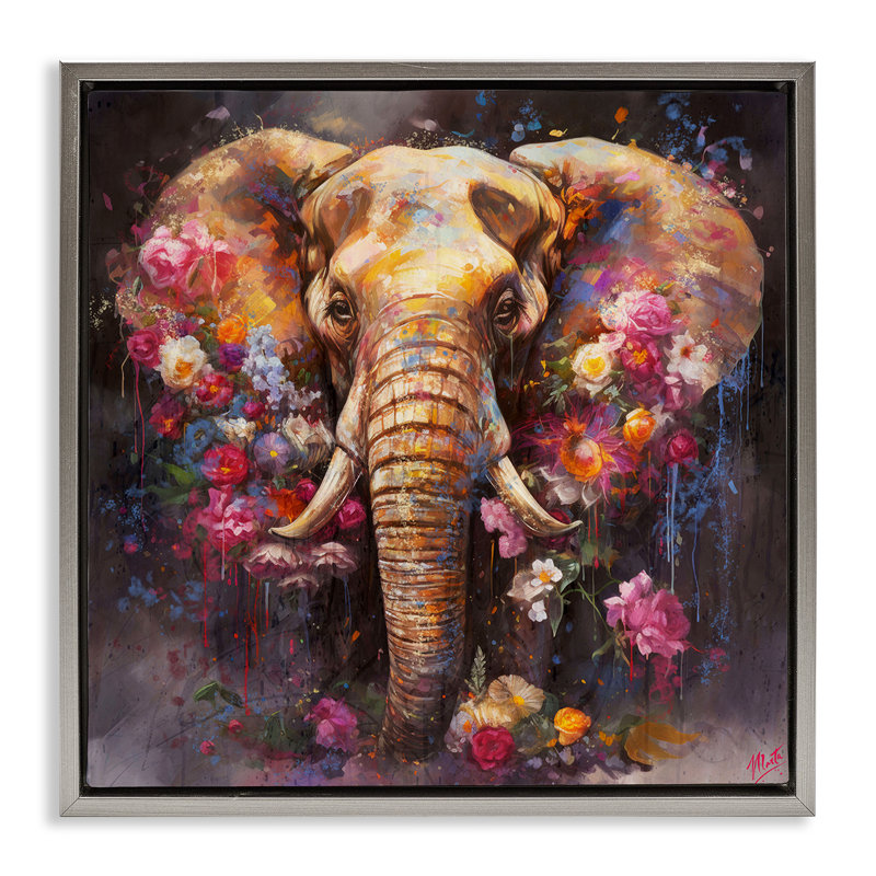 «Flower Swathed Elephant» par Marta Wiley, H 25 po x l 25 po, Cadre flottant gris lustré