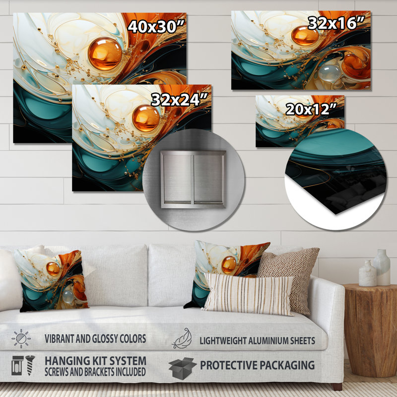 Planète vagues orange et or III - art mural abstrait en métal MT137174, H 16 po x l 32 po x P 1 po