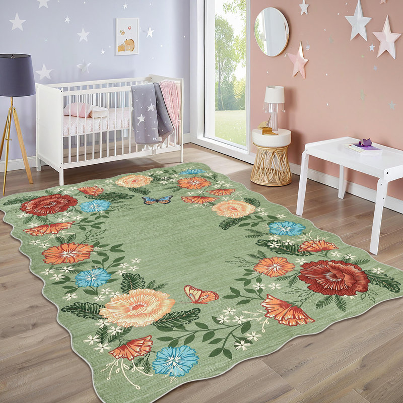 Green Floral Rug 8x10 Washable Rug Scalloped Botanical Rug Living Room Rug Bedroom Rug with Non Slip Backing, Soft Thin Rug, Low Pile Foldable Rug, Aesthetic Printed Rug