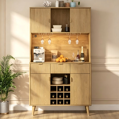 Meuble de cuisine ou de bar de 183 cm de haut avec prise électrique et éclairage DEL, rangement pour bouteilles de vin avec casier à neuf compartiments, buffet multifonctionnel pour salle à manger et couloir.