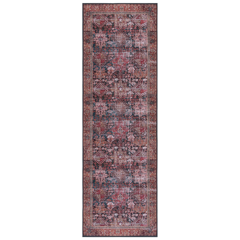 Tucson Vintage Look Machine Washable Non-Slip Area Rug in Red, Navy & Beige, Runner 76 x 183 cm