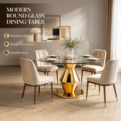 Table de salle à manger ronde de 47,25 pouces de style moderne avec miroir, pouvant accueillir 4 à 6 personnes, plateau de table en verre trempé, structure en acier inoxydable.
