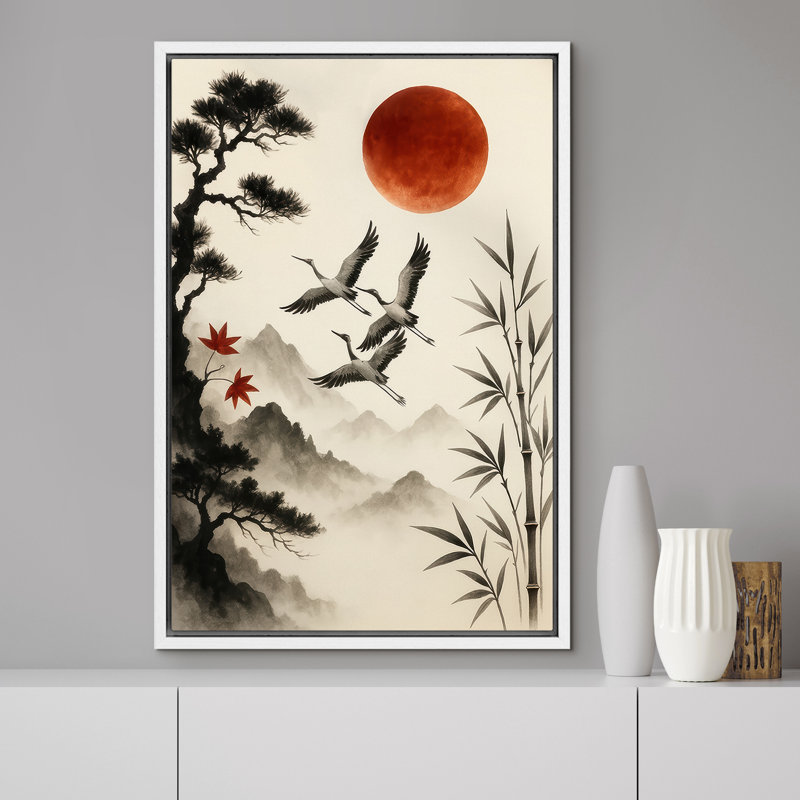 «Cranes with Red Moon Pine and Bamboo Landscape Art», reproduction d'art sur toile encadrée, H 36 po x l 24 po x P 1,5 po