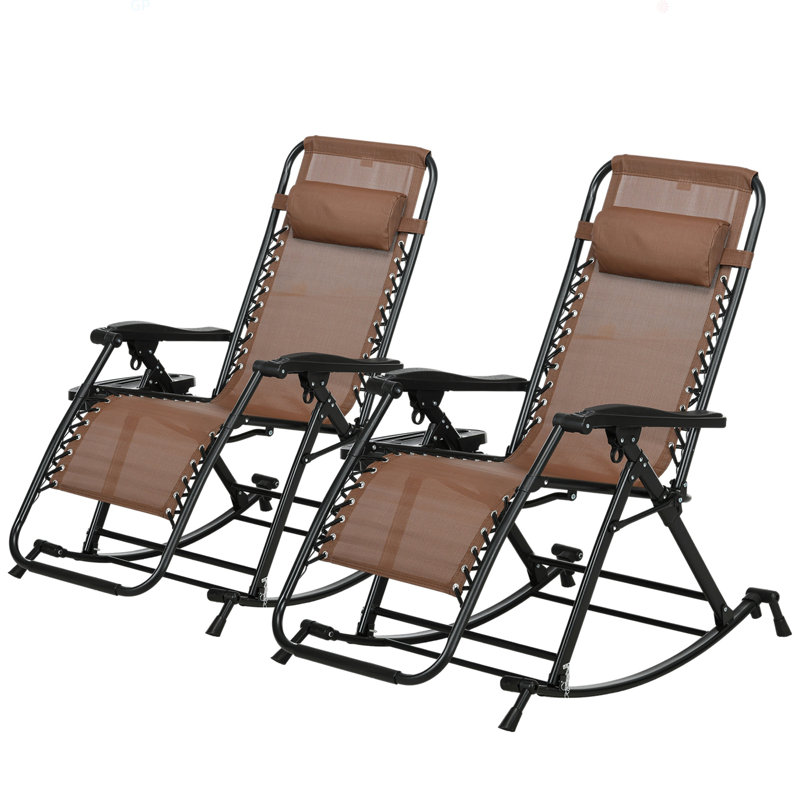 Ensemble de 2 chaises berçantes pour l'extérieur Outsunny, chaise berçante inclinable et inclinable avec oreiller, porte-gobelet et porte-téléphone, conception combinée avec pieds pliants