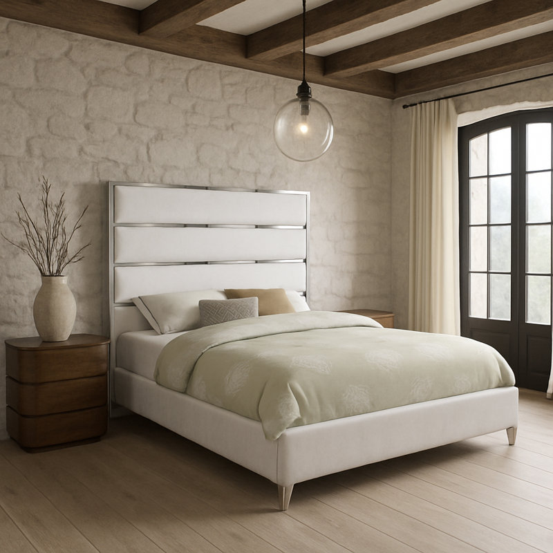 Dietz Upholstered Platform Bed, King, White Velvet