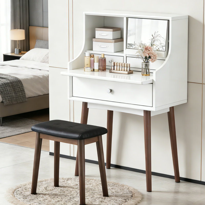 Solid Wood Vanity Stool with Saddle Seat – 195 lbs Capacity, Faux Leather Makeup Stool, Easy Assembly
