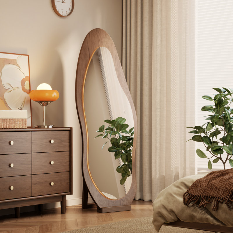 Miroir ondulé pleine longueur à DEL, cadre en bois massif, incassable, fixation au sol et au mur, Brun