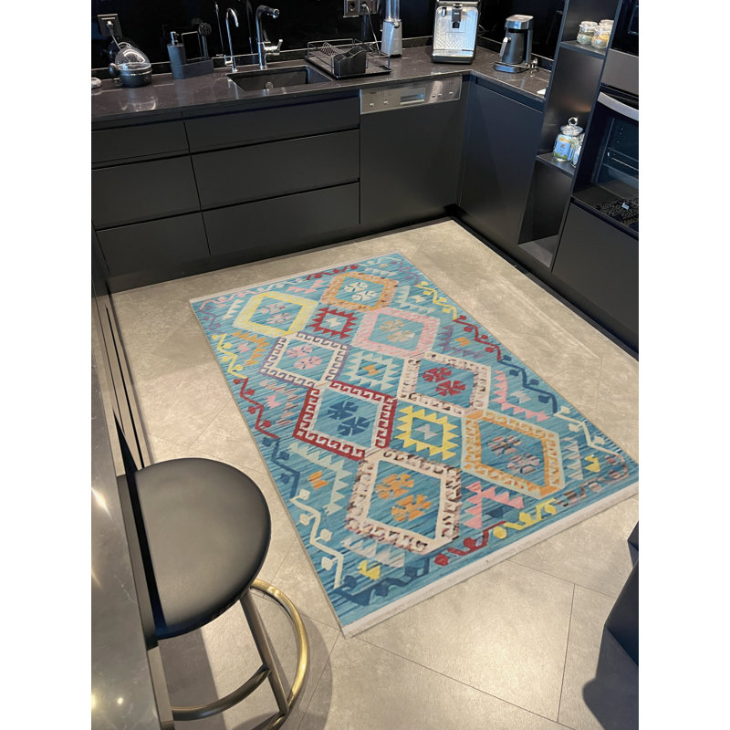 Tapis décoratif multicolore à motif bleu, Rectangle 4 pi 7,12 po x 6 pi 6,74 po