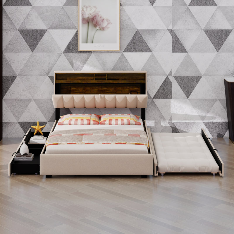 Lit plateforme en lin peu encombrant avec lit gigogne, tête de lit et tiroirs doubles, Beige, Lit double