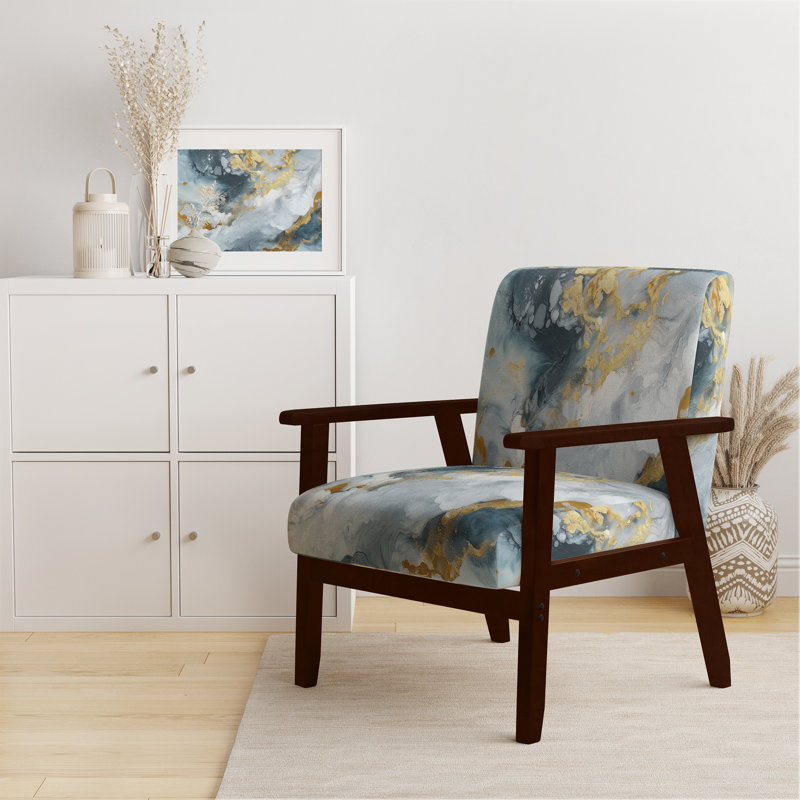 Berdahl Marble Upholstered Armchair, Gray/Gold Polyester, Brown Square Arms