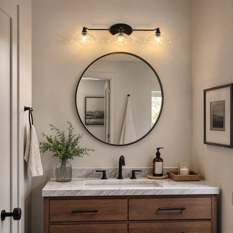 Éclairage pour salle de bain 3 lumières noir avec abat-jour en verre transparent embossé