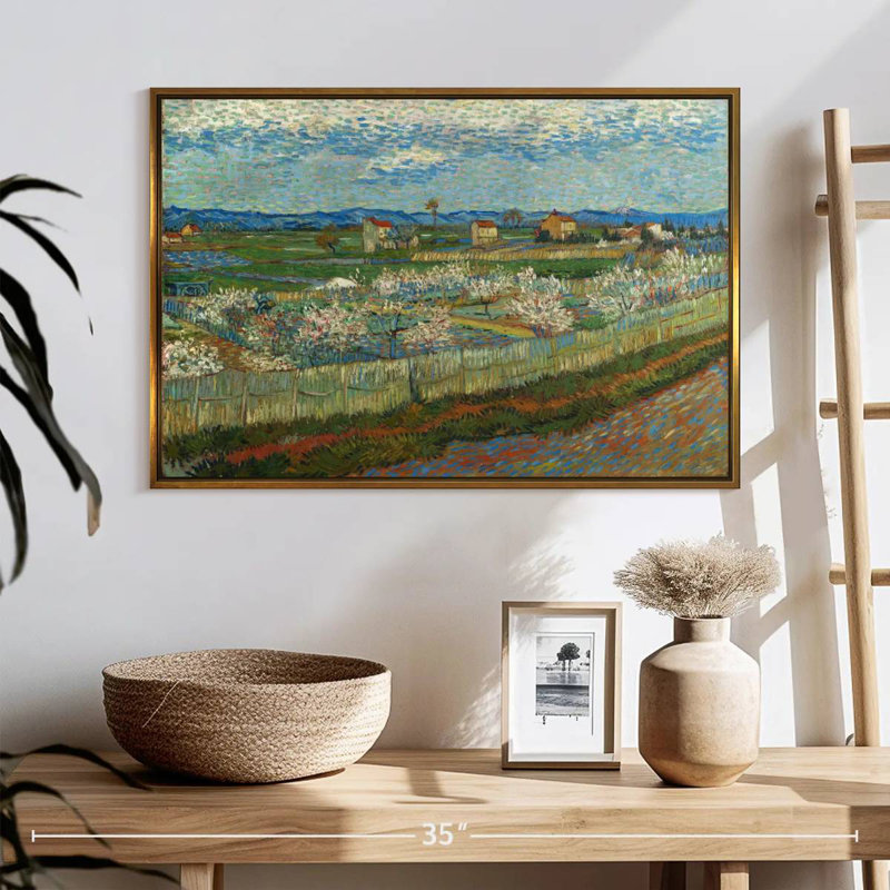 Pêcher en fleur, 25 po x 17 po, Cadre flottant doré