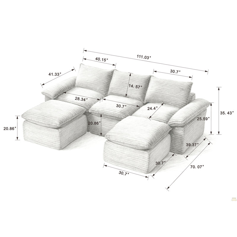Canapé Corduroy Cloud, H 35,43 po x l 111,03 po x P 70,07 po, Velours côtelé noir