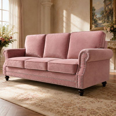Aethelgard Heritage 85" Grand Velvet Sofa with Loose Back Cushions, Hand-Applied Double Nailhead Trim, and Solid Wood Turned Legs