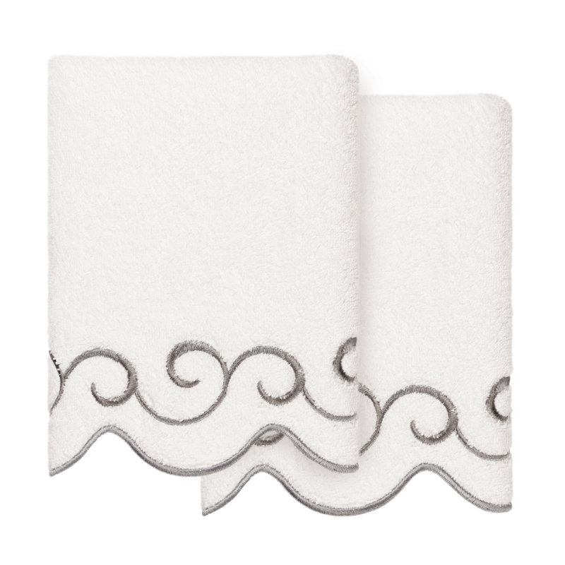  100% Turkish Cotton SIMPLICITY Scallop 2PC Embellished Hand Towel Set, Hand Towel - 2 Pack, White/Gray