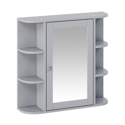Bathroom Wall Storage Cabinet With Mirror, Medicine Cabinet With Adjustable Wood Shelf & Doors, Mounted Storage Cabinets With 6 Open Shelves, Gray