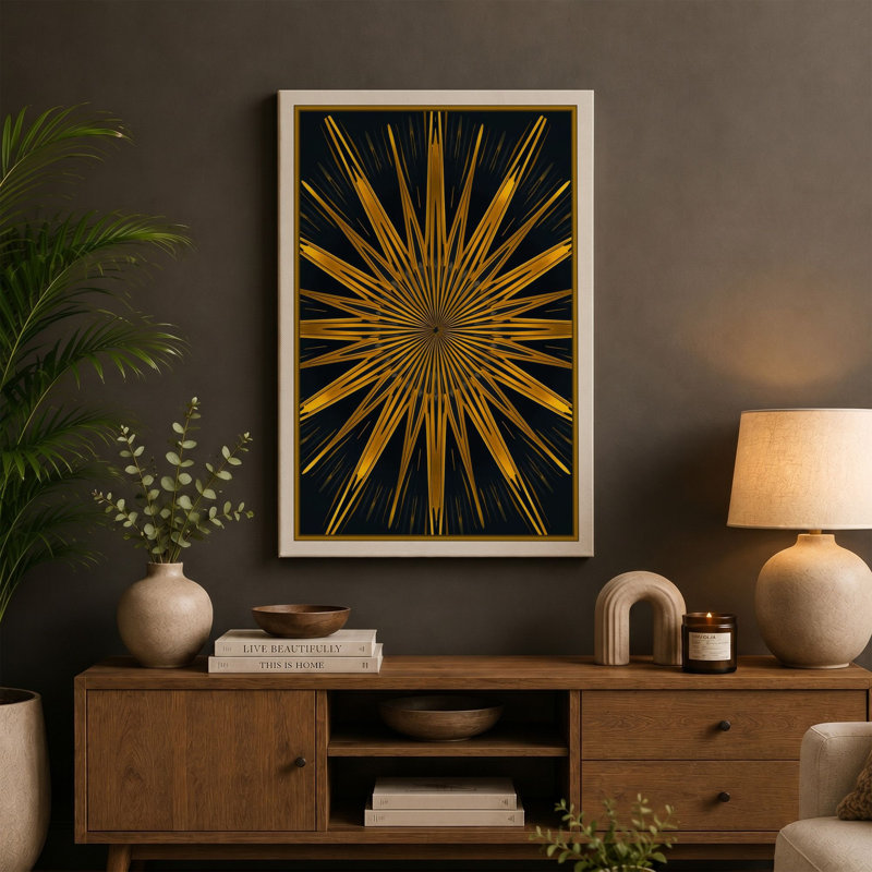 Golden Starburst Geometric - Wrapped Canvas, 18x12 - 45.7 x 30.5 cm, Teal Border