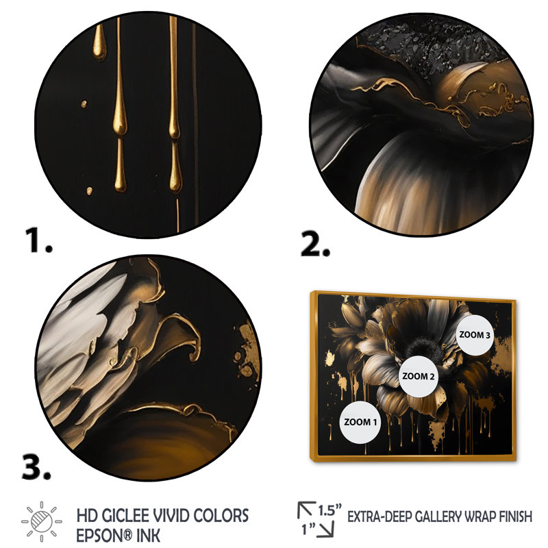 «Black and Gold Daisy I», art mural sur toile floral et botanique, H 34 po x l 44 po x P 1,5 po, Cadre flottant doré