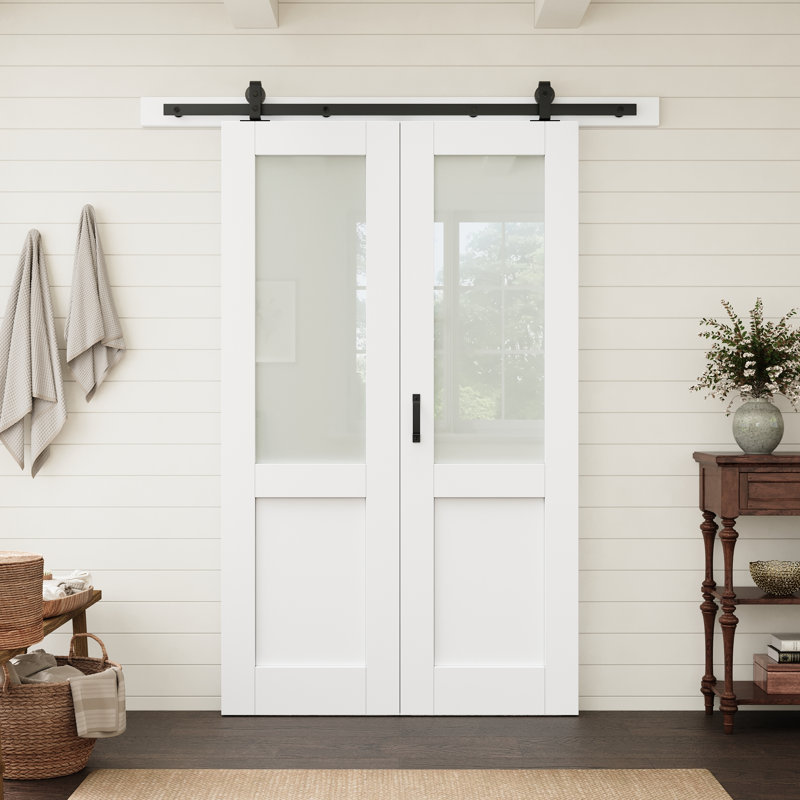 Porte pleine à âme pleine, préfinie et apprêtée blanche, 36 po x 80 po, avec demi-vitrage en verre dépoli et ensemble de quincaillerie pour portes pliantes de style grange.