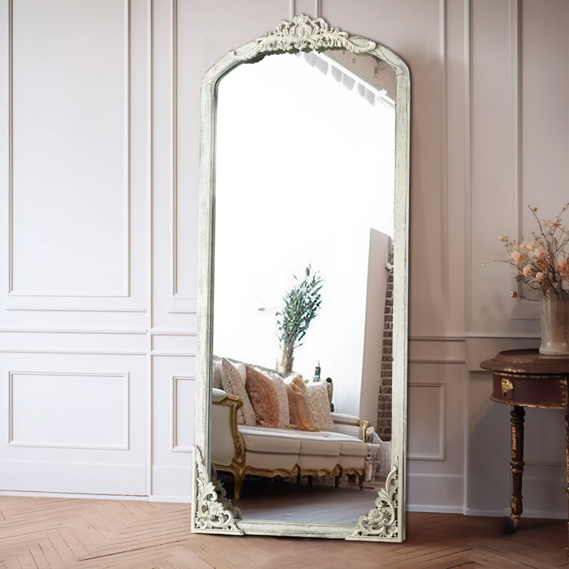 Anjulie Arch Solid Wood Mirror Ornate Mirror Wall Mirror Retro Mirror with Carved Frame, 64" x 21", Weathered White