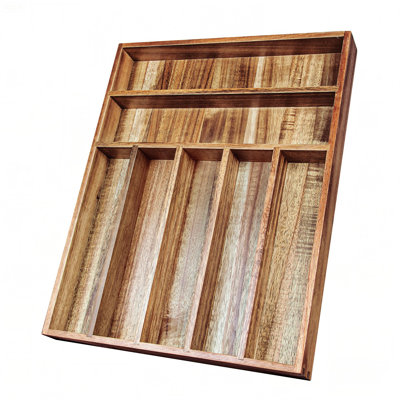 Acacia Wood Silverware Organizer, Kitchen Utensil Drawer Organizer For Forks & Spoons, 7-Compartment Cutlery Tray, Flatware Holder