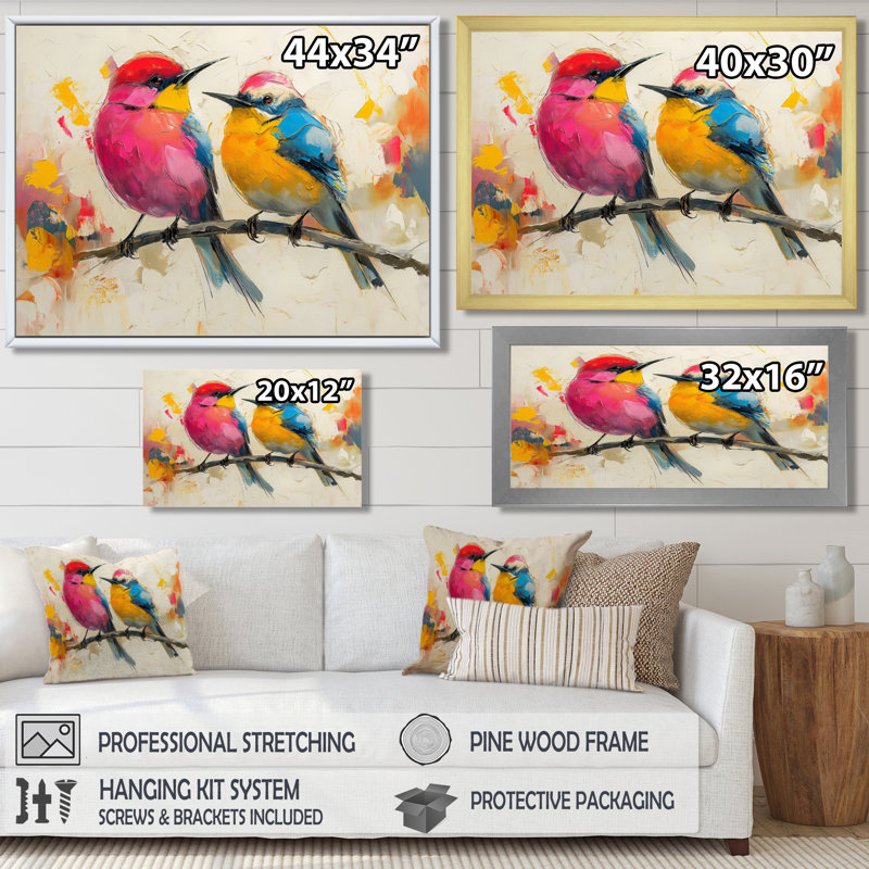 Oiseaux roses et jaunes sur une branche florale, Cadre flottant blanc, H 16 po x l 32 po x P 1 po