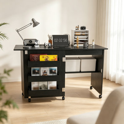 4-in-1 Folding Sewing Table with Wheels – Multi-Functional Craft Station, Rolling End Table with Storage, Portable Computer Desk & Kitchen Cart with Shelves for Home Office
