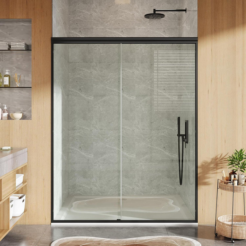 72" x 48-60" Semi-Frameless Shower Door, 6mm Tempered Glass with Stainless Steel Handles, Black
