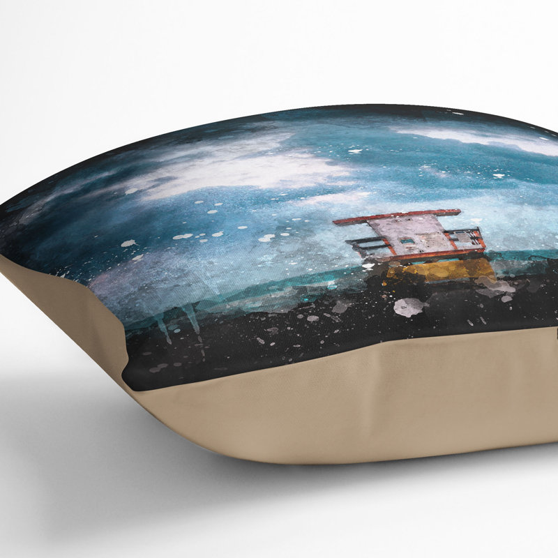 Lifeguard Hut on Miami Beach Florida Paint Splash Cushion with Filling, 55cm H x 55cm W x 20cm D, Stone
