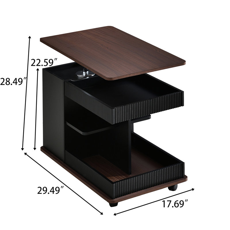3-in-1 Height Adjustable Rolling Side Table with 360° Rotating Top, Storage End Table with Lockable Wheels and Gas Lift