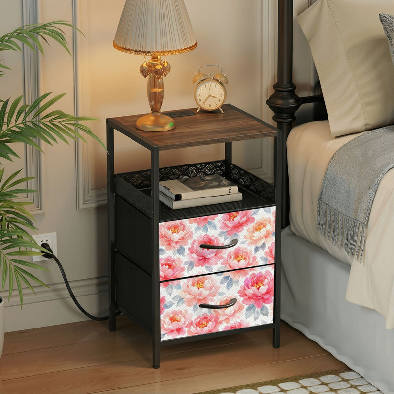 Table de chevet 2 tiroirs avec station de charge, table de chevet de chambre à coucher avec ports USB et prises ouvertes - tablette noire