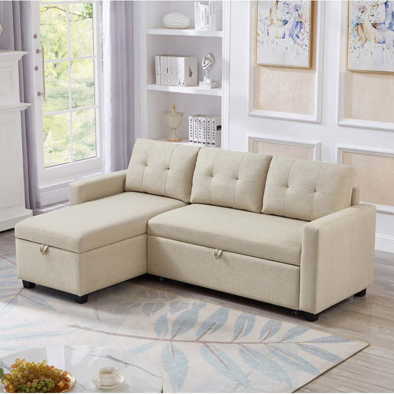 Canapé modulaire rembourré escamotable avec méridienne de rangement, canapé d'angle convertible, Lin beige