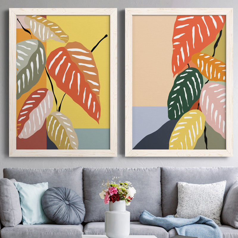 Plante tropicale I - ensemble de 2 peintures sur toile encadrées, H 44 po x l 31 po x P 1 po, Encadrement beige