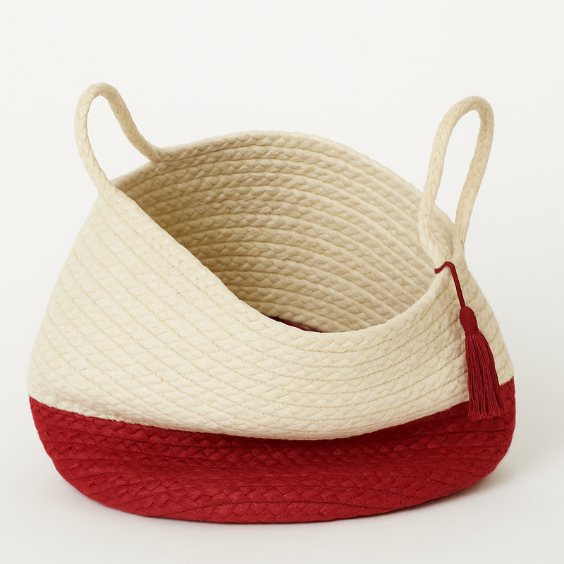 Handmade Natural Jute Relaxed Storage Basket, 17" H x 17" W x 17" D, White/Red